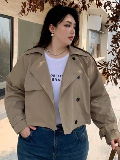 Dazy Plus 加大码短款纯色风衣，春秋季女式夹克，秋季女装