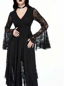 ROMWE Sexy Gothic Halloween Deep V-Neck Flare Sleeve Asymmetrical Hem Contrast Lace Dress, For New Year - Black - View 2