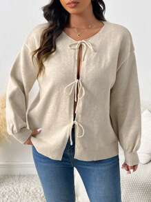 CosyJoli Plus Size Casual Lace-Up Loose Knit Cardigan, Winter Fall - Apricot - View 4