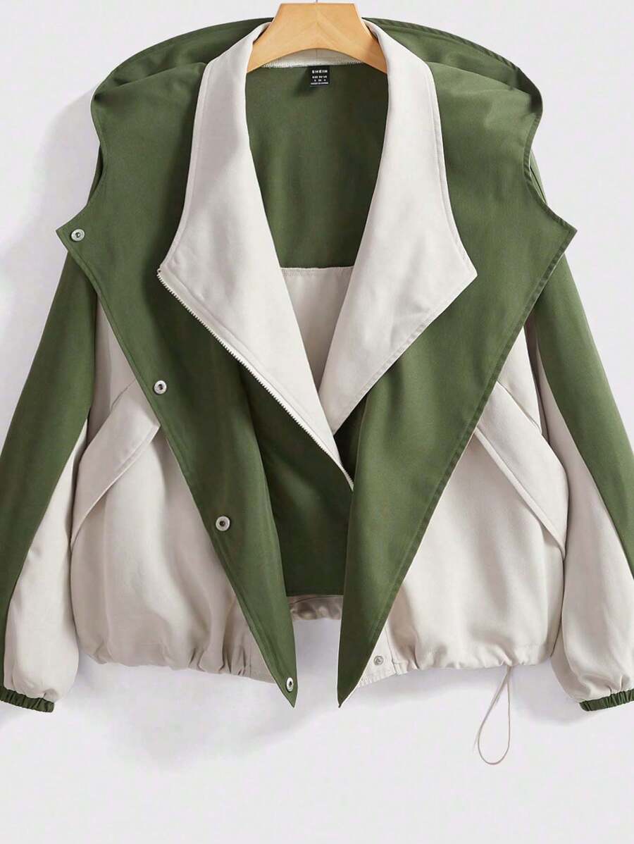 Mulvari Women Casual Spring Autumn Loose Contrast Color Hooded Long Sleeve Jacket - Multicolor - View 1