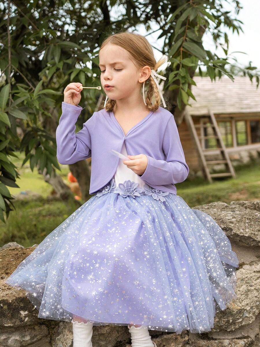 Young Girls Button Front Ribbed Jacket And Floral Embroidered Mesh