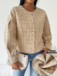 Chiquease Women's Large Metal Pearl Button Casual Plaid Jacket - Khaki - View 1