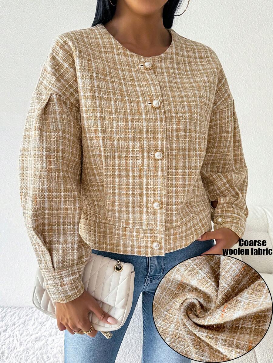 Chiquease Women's Large Metal Pearl Button Casual Plaid Jacket - Khaki - View 1