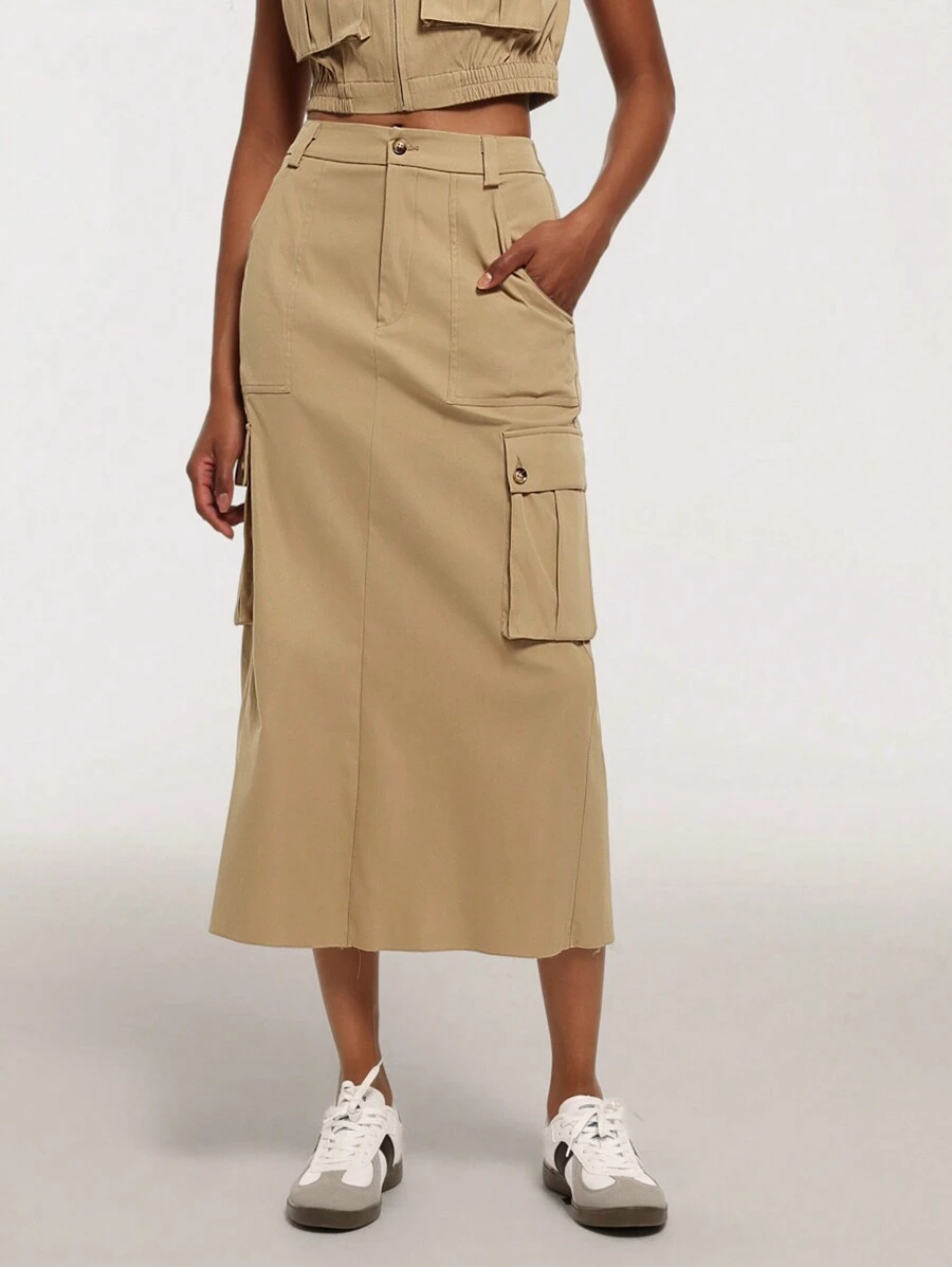 Forever 21 Váy Cargo đơn giản màu trơn thường ngày cho nữ - Màu Khaki - Xem 1