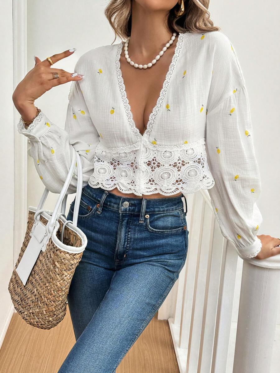 SHEIN Frenchy Women 100% Cotton Lace Blouses, Fall Blouses, Lemon Print, Embroidery, Winter Women Clothes, White Long Sleeve Blouses, Fall Women Outfits, Homecoming, Ladies' White Lace Long Sleeve Tie Waist Shirt Teacher Clothes Fall Women Clothes Vacation Flower Casual - White - View 1