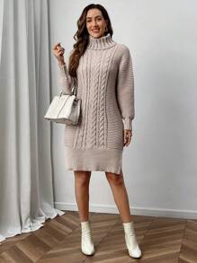 EMERY ROSE Women's Cable Knit Turtleneck Long Sleeve Sweater Dress