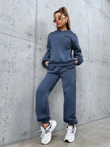 Cottnline Letter Printed Long Sleeve Hoodie And Sweatpants Set - Blue - View 3