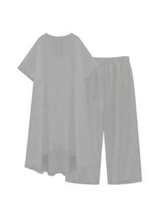 SHEIN LUNE 大码休闲纯色蝙蝠袖长款上衣和裤子两件套 - 灰色 - 查看 2