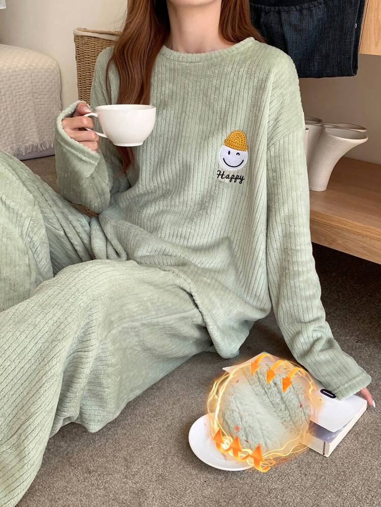 Striped Flannel Thickened Cute Expression Decor Loose Fluffy Pajama Set, Thermal Lined Fall, Winter Clothes, Cozy