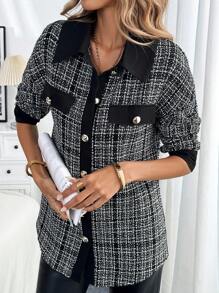 SHEIN LUNE Damen Lässig Kariert Langarm Einreihiger Mantel, Frühling Herbst, Drop-Shoulder - Dunkelgrau - Übersicht 1