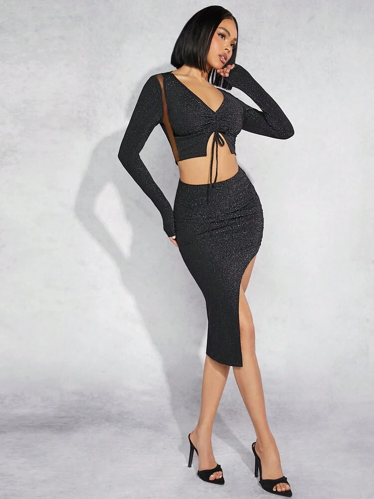 Glitter Tie Top & Asymmetric Skirt Two Pieces Set