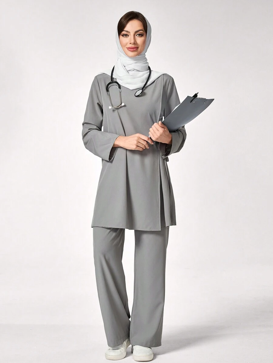 TaskEZ Women's Two-Piece Scrub Uniform Suit (Fashionable Casual Original Collar Solid Color Long Sleeve Scrub Uniform Top And Fashion Casual Women's Elastic Waistband Women's Straight Pants), Women's Breathable Anti-Pilling And Anti-Static Two-Piece Suit, Beauty Salon, Pet Hospital, Playground Work Clothes, Multi-Function Multi-Pocket Suit - Grey - View 1