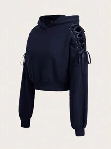 SHEIN EZwear Navy Blue Knit Women Hoodie With Side Eyelet And Ear Decor, Autumn Winter