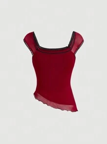 SHEIN MOD Áo hai dây thắt nơ hai màu trang trí viền bất đối xứng cho nữ - Màu Đỏ Sâu - Xem 2