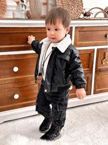 Baby Boy's Stylish Winter Jacket - Fashionable Black Faux Leather Outer With Thermal Lined, Long Sleeve Lapel Collar Open-Front Winter Coat, Cool Black, Streetwear Style