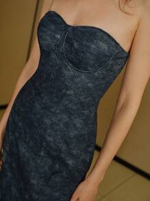 MOTF STUDIO PU 皮革开衩后背紧身连衣裙 - 藍色 - 查看 3