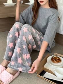 DAZY Thickened Flannel Allover Star Pattern Fluffy Sleep Pants, Thermal Lined Fall, Winter, Cozy - Pink - View 7