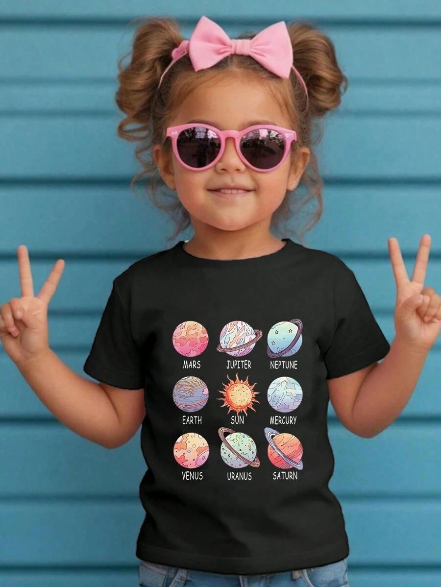 Young Girls' Short Sleeve Printed Star Pattern Round Neck Top - Black - View 1