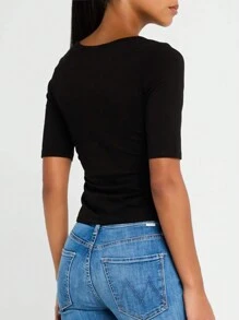 INAWLY Women's Solid Color V-Neck Short Sleeve Casual T-Shirt, Spring Summer - Black - View 2