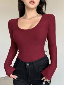 Dazy Star Women's Fitted V-Neck Long Sleeve Fleece T-Shirt,Fall Clothes - Burgundy - View 2
