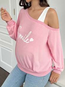 SHEIN Maternity Letter Print Asymmetric Neck Long Sleeve Sweatshirt, For Winter