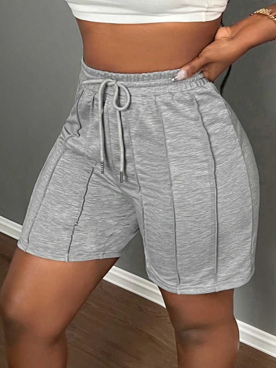 Slaydiva 夏季休閒運動前襟牙籤褶皺設計五分褲單車褲運動褲淺灰色女式短褲 - 淺灰色 - 查看 1