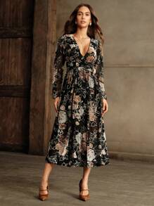 Anewsta Robe à ligne A avec taille plissée à imprimé floral romantique et élégante pour femmes - Multicolore - Voir 6