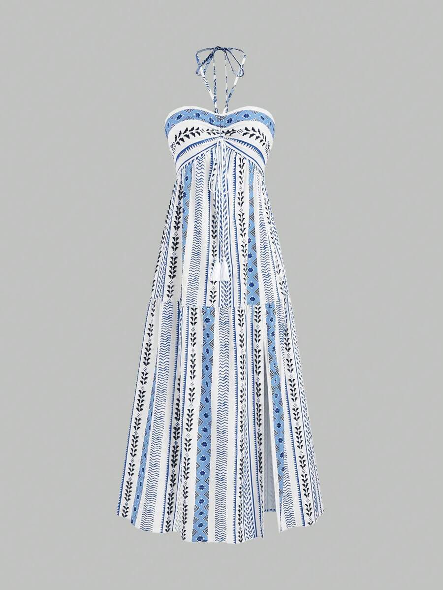 Sweetra 波西米亚风海滩度假细肩带连衣裙女式夏季花卉印花长裙超长女装 - 藍色 - 查看 1