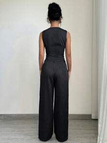 Elenzga Conjunto de blazer de rayas casual y pantalones de traje para mujer