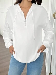 SHEIN 孕妇纯色前拉链连帽运动衫，适合冬季 - 白色 - 查看 4