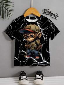 年轻男孩时尚连帽猴子闪电设计短袖 T 恤，休闲夏季 - 黑色 - 查看 3