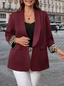 SHEIN Clasi 大码女式优雅日常休闲商务西装外套，带豹纹拼布袖子