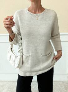 EURMUSE Women Solid Color Drop Shoulder Half Sleeve Round Neck Pocket Detailed Pullover - Camel - View 5