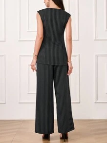 Seusyu Bộ 2 món/Bộ Áo Vest Sọc Thường Ngày Và Quần Mùa Hè Cho Nữ Bộ 2 Món - màu đen - Xem 2