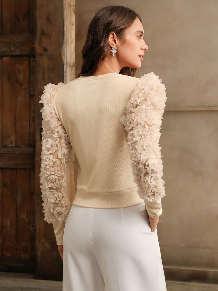 Women's Fashion Cable Knit Patchwork Puff Sleeve Casual Crew Neck T-Shirt