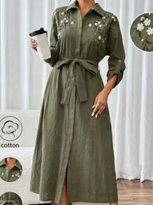 Mulvari 女士花卉刺绣落肩长袖优雅朴素长裙 - 綠色 - 查看 1