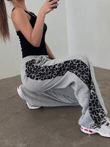 DAZY Women's Leopard Print Patchwork Straight Leg High Waist Sweatpants,Back To School Clothes Women Joggers - Grey - View 7