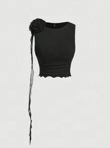 SHEIN MOD مجموعة تنورة ضيقة الجسم ذات الحافة غير متماثلة مع الأعلى المزود بطبعة زهرية ثلاثية الأبعاد أنيقة وعاطفية لحجم كبير - الأسود - مشاهدة 7