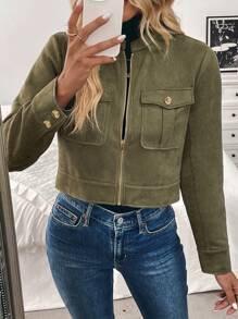 EMERY ROSE Women's Warm Large Pocket Metal Button Short Military Green Jacket, Autumn/Winter Fall Cloth For Women - Army Green - View 3