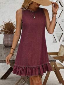 SHEIN LUNE Sleeveless Round Neck Frilled Hem Button Back Denim Dress - Burgundy - View 5