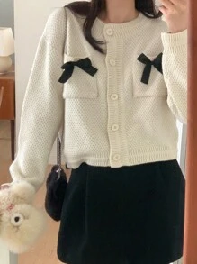 DAZY 女士休闲蝴蝶结装饰开衫，秋季女装 - 杏色 - 查看 7