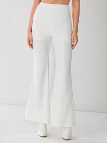 Enchnt 女士纯色高腰喇叭腿优雅长裤，采用牙签条纹设计 - 白色 - 查看 4