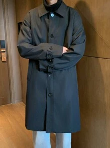 Claim Dot 男士纯色翻领长袖单排扣宽松休闲长款风衣，春秋季，工作黑色风衣，适合朋友、丈夫、男朋友的礼物，适合秋季 - 黑色 - 查看 3