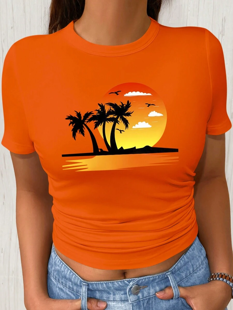 Zolique 舒适数码印花休闲女式 T 恤，带有度假和休闲主题设计图案 T 恤女式上衣 - 橘色 - 查看 1