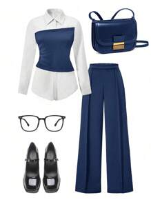 2pcs Teen Girl Urban Casual Patchwork Color-Block 2 In 1 Shirt And Wide-Leg Pants Set - Royal Blue - View 9