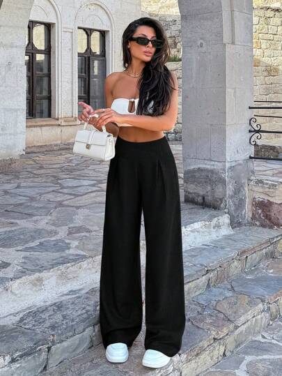 SHEIN Tall Size Women Linen Beige Wide Leg Casual Comfort Cottonline Pants Palazzo Pants Women Wide Leg Pants Women Black Two Piece Set Women