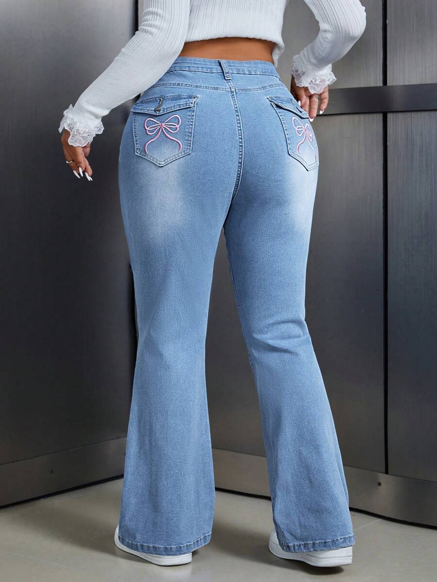 SHEIN ICON Quần Jeans Ống Loe Thêu Nơ Size Lớn Cho Nữ - Màu xanh lam - Xem 1