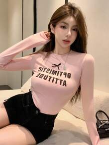 DAZY Damen Langarm T-Shirt mit Schleifendekor und Buchstabendruck, figurbetont, Pullover im Preppy-Stil mit Grafik-Motiv für den Herbst