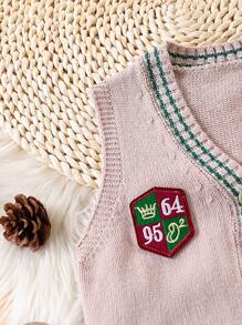 Young Boy V-Neck Sleeveless Letter & Numeral Print Fashionable Loose Comfy Sweater Vest Cardigan