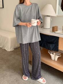 DAZY 简约宽松纯色上衣和碎花裤 2 件套睡衣套装